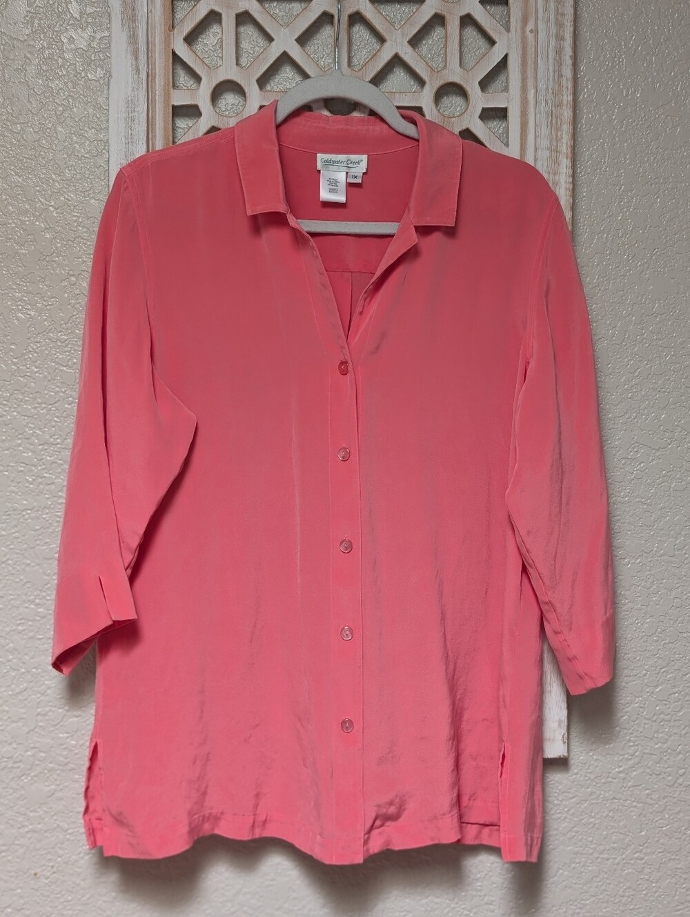 Coldwater Creek plus size 1X silk blouse button down 3/4 sleeve pink classic